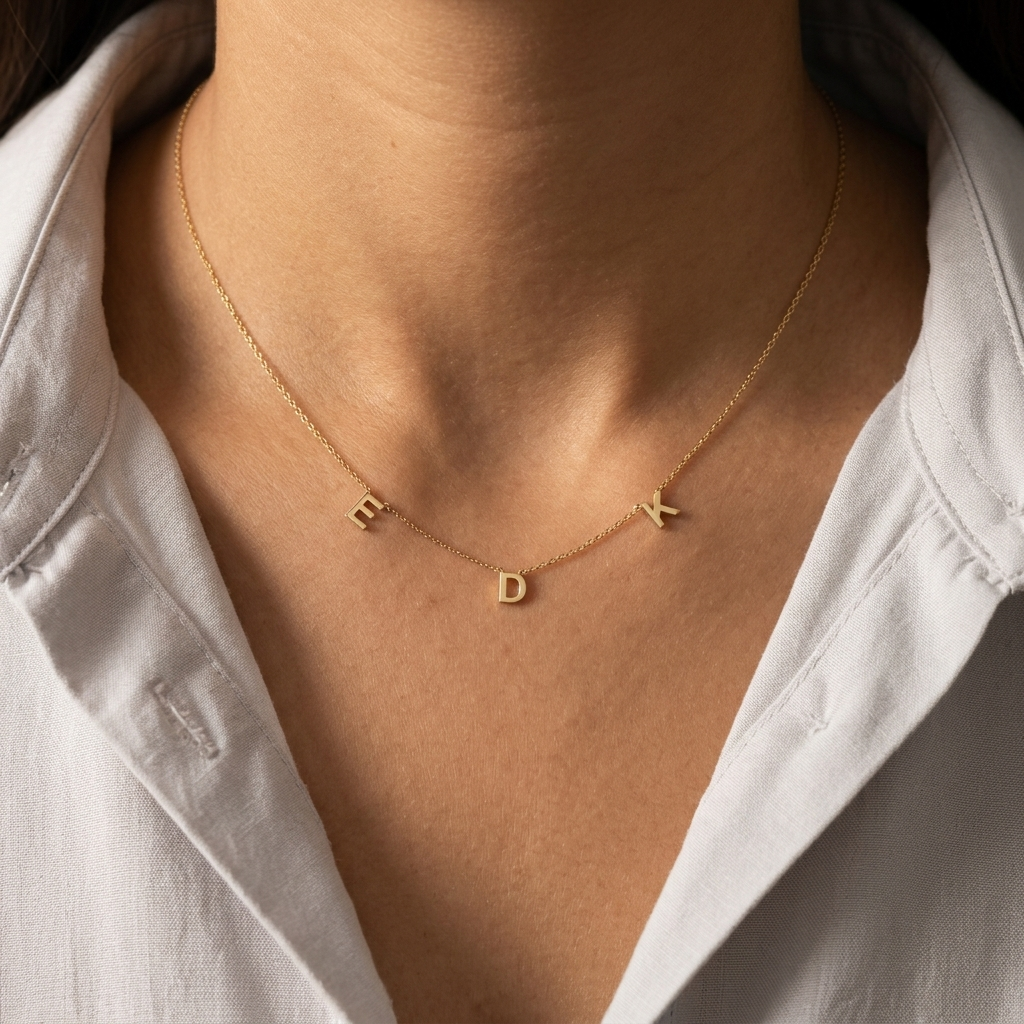 14K solid gold letter necklace, worn at the neckline