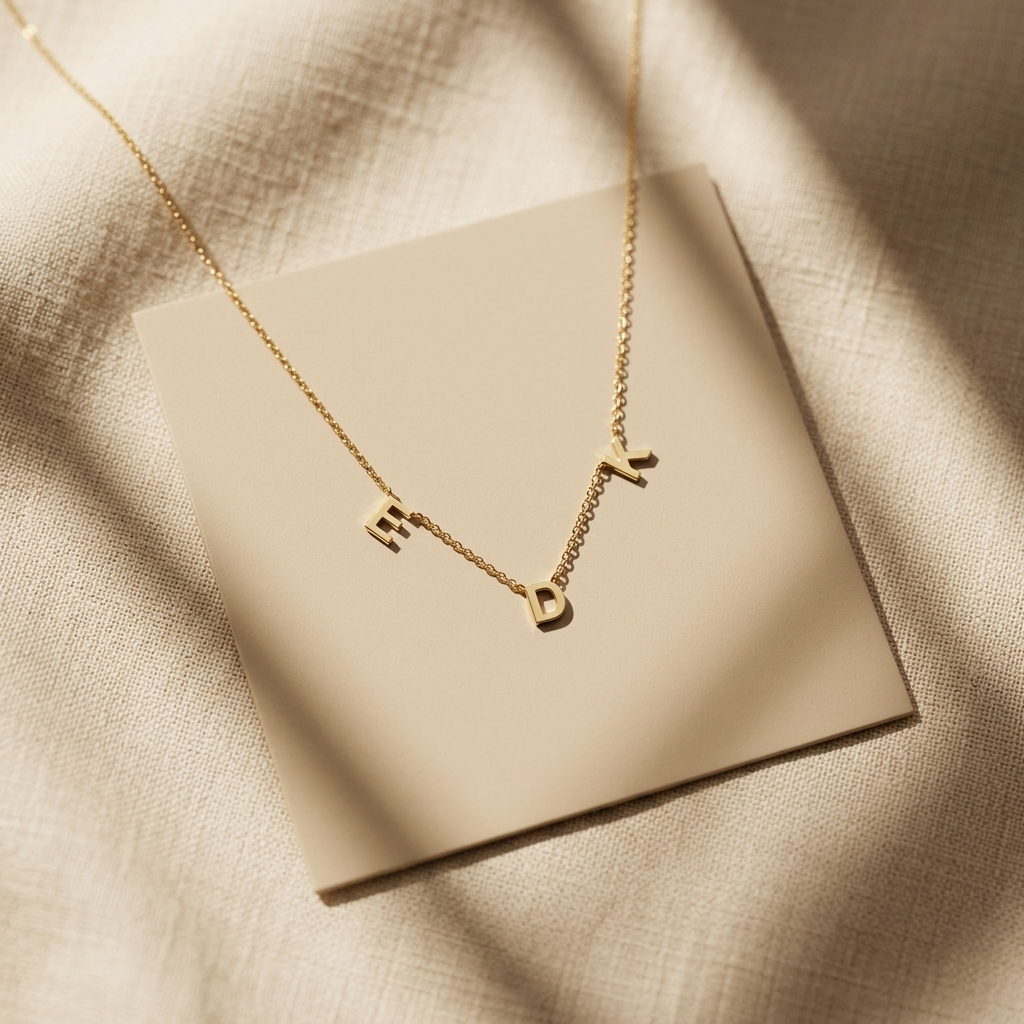 14K solid gold letter necklace, worn at the neckline