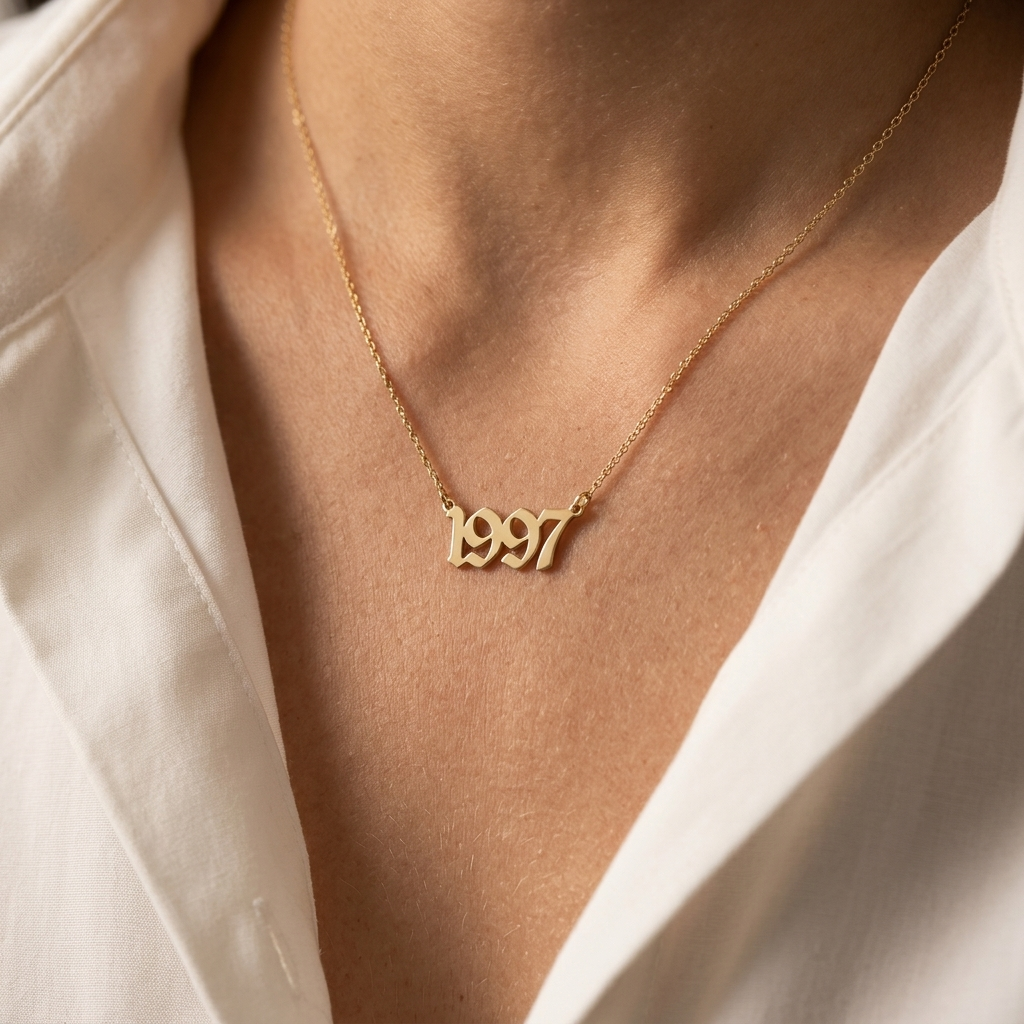 14K yellow gold old english birthdate necklace, product view