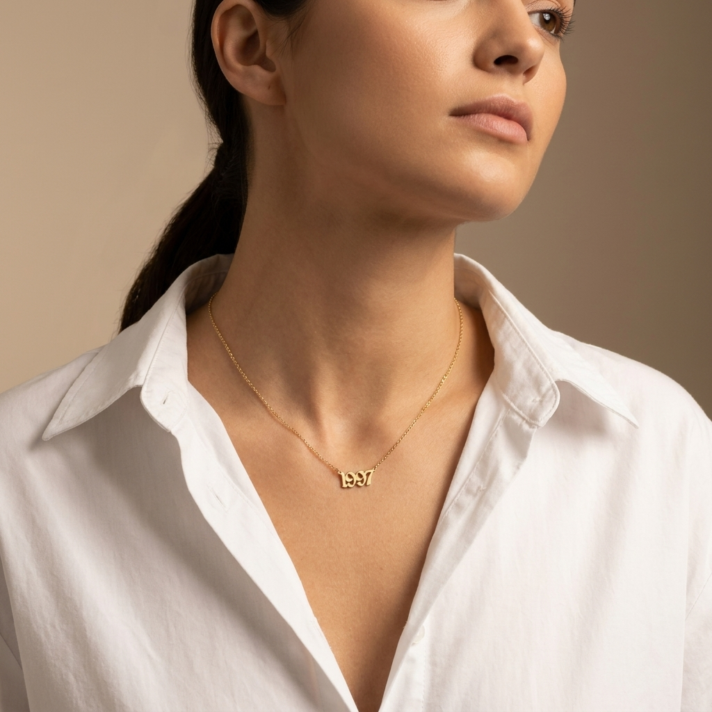 14K yellow gold old english birthdate necklace, additional view