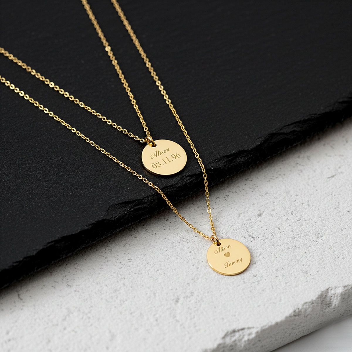 Close-up of 14K yellow gold personalized disc necklace