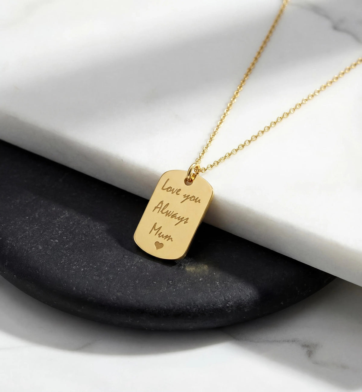 14K yellow gold rectangular tag necklace engraved love you always mum