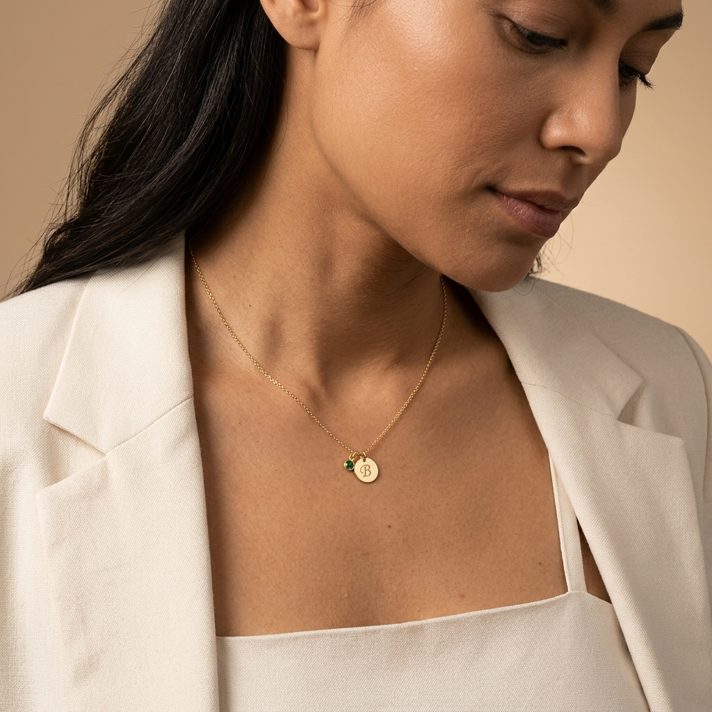 14K solid gold disc name and initial necklace, additional view