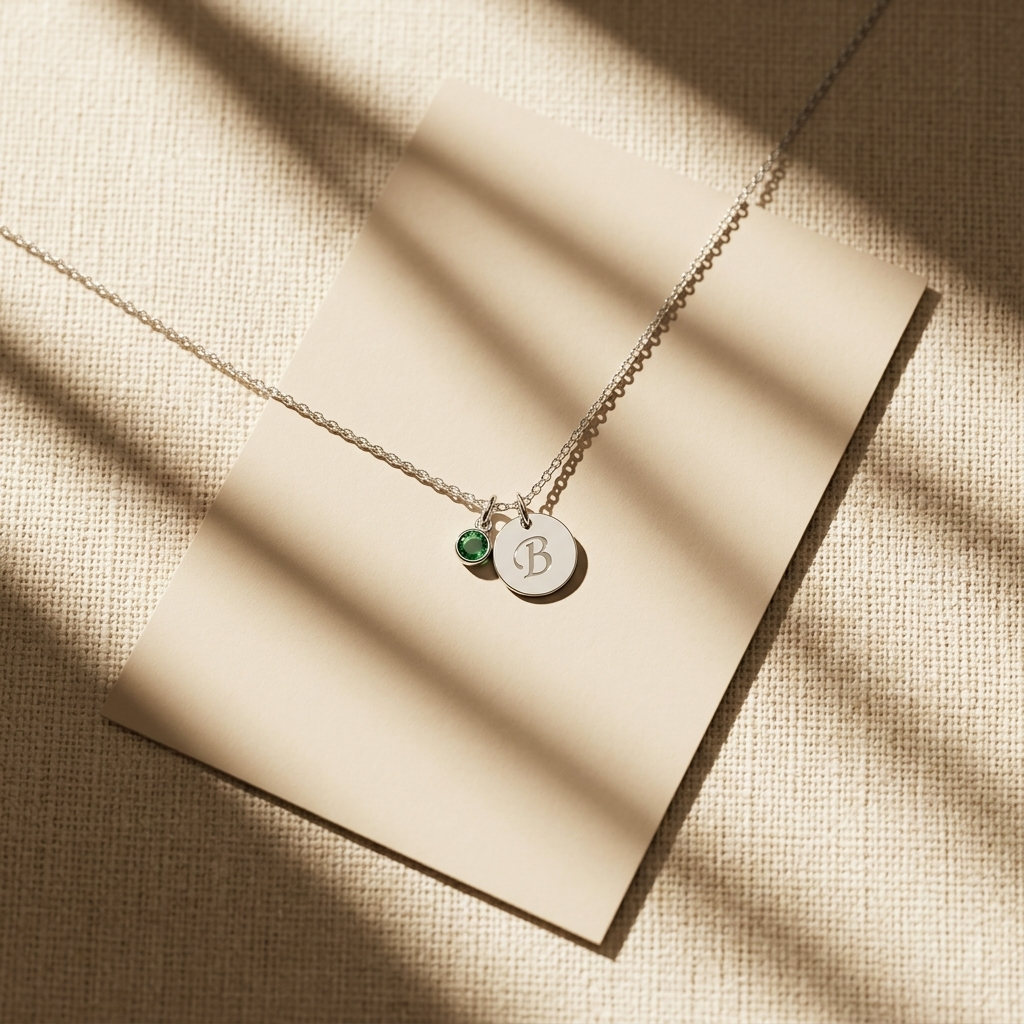 14K solid gold disc name and initial necklace, styled product view