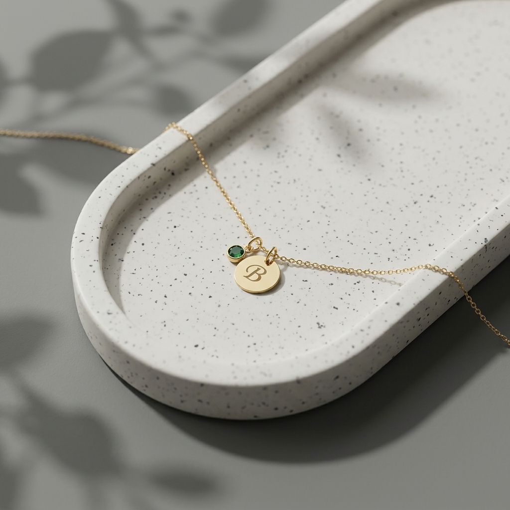 14K solid gold disc name and initial necklace, design detail