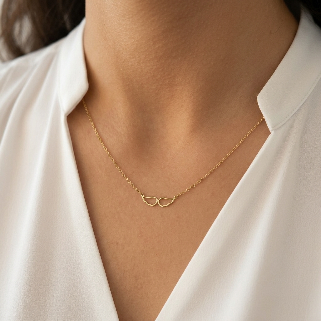 14K yellow gold angel wing memorial necklace, product view