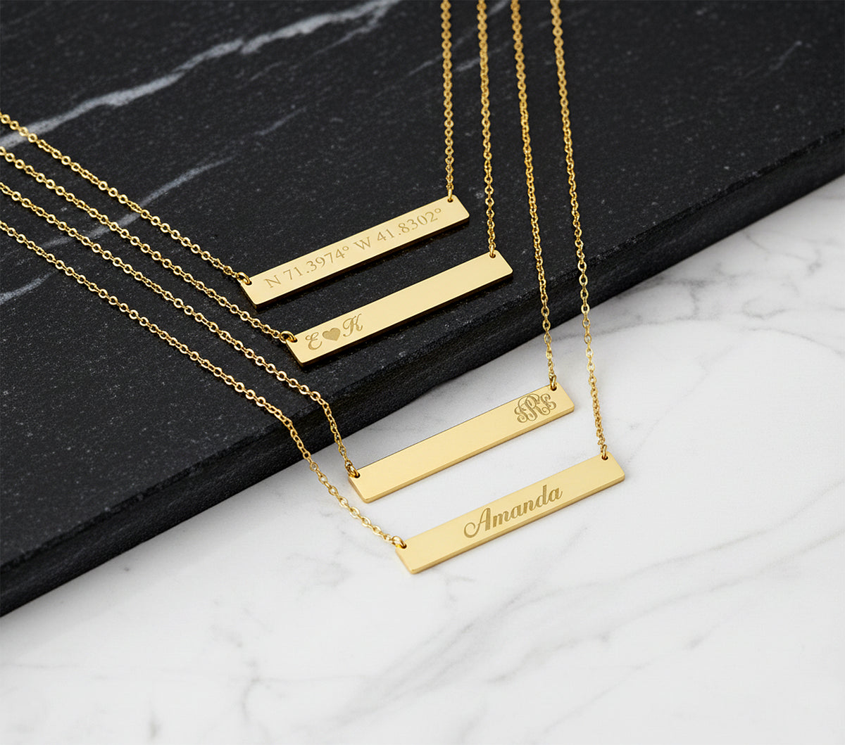 Close-up of 14K yellow gold bar necklace