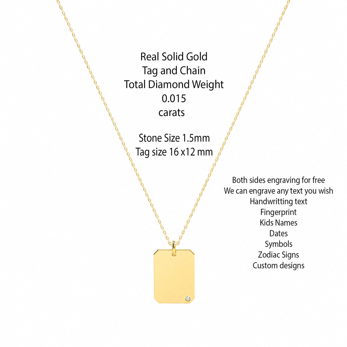 14K solid gold diamond dog tag necklace with pendant size and measurements