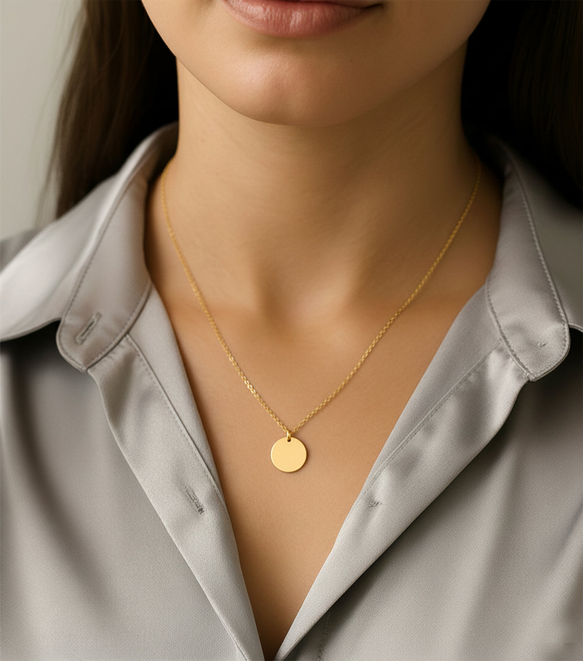 14K solid gold disc necklace, worn at the neckline