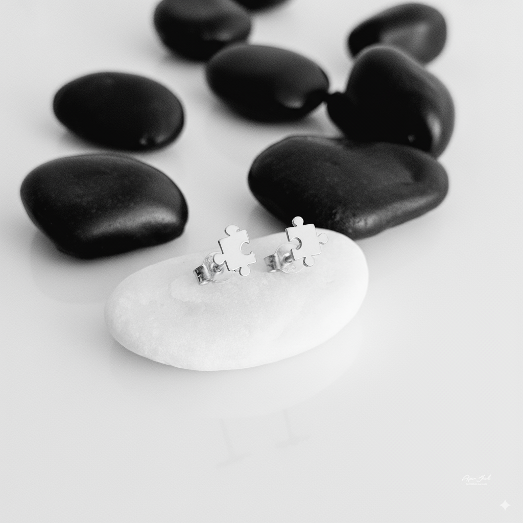 Puzzle piece stud earrings in white gold styled on white stone with black pebbles