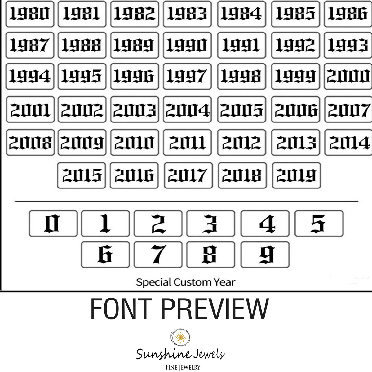 Old English birth year number designs for a personalized gold necklace