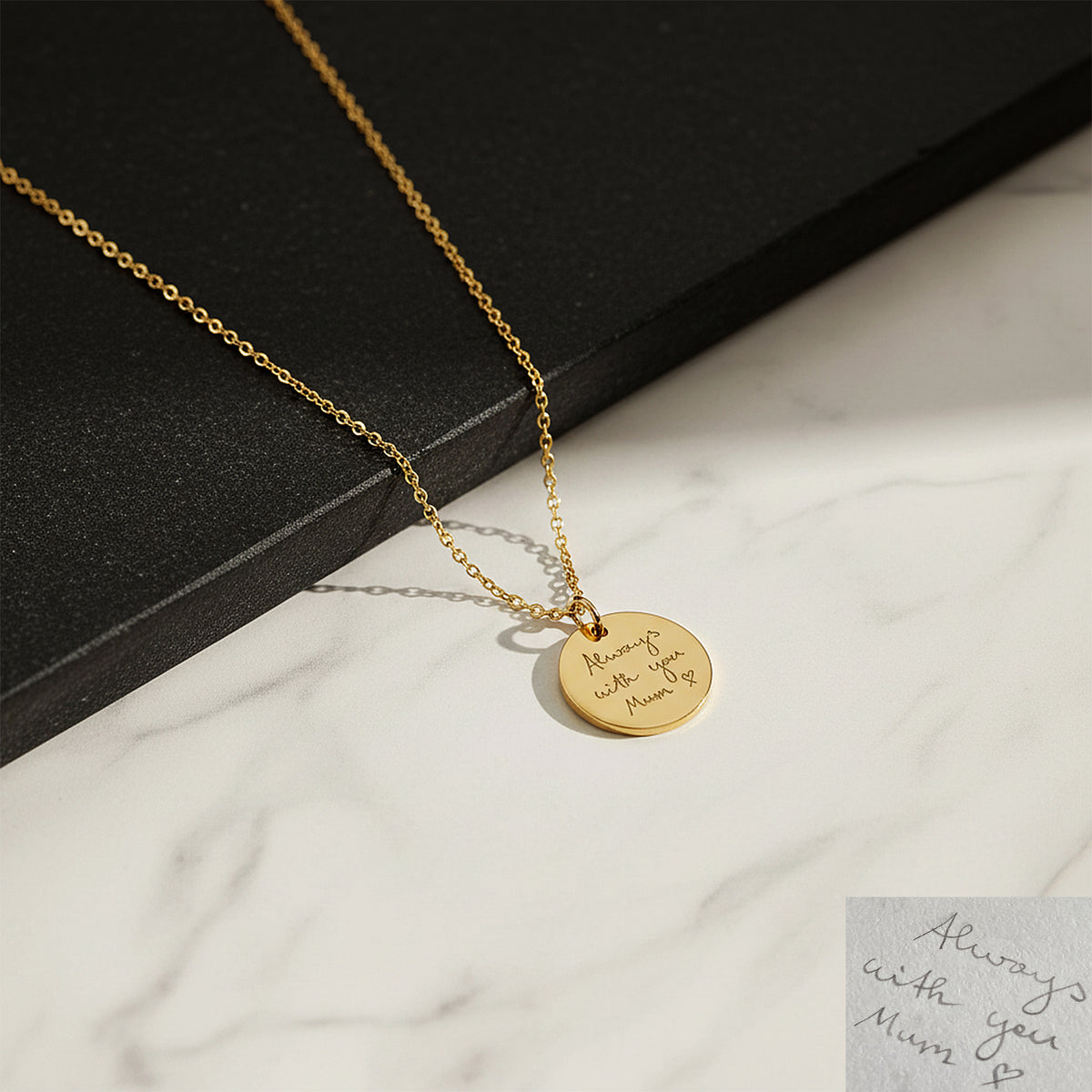 14K solid gold handwriting disc pendant necklace, styled product view