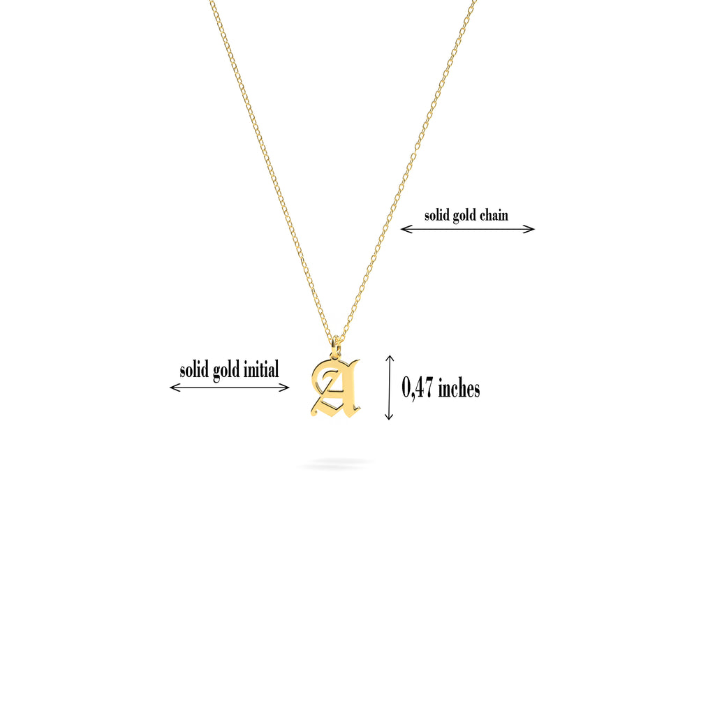 14K solid gold old english initial necklace with pendant size and measurements