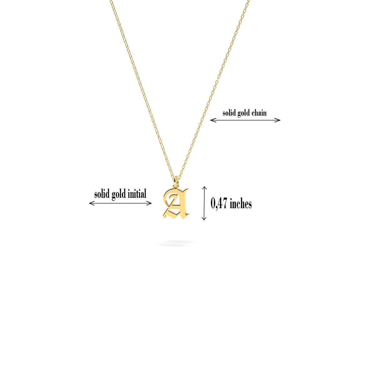 14K solid gold old english initial necklace with pendant size and measurements