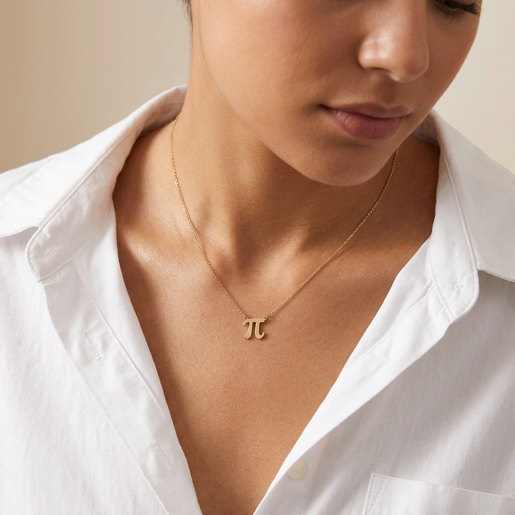 14K yellow gold pi symbol necklace, additional view
