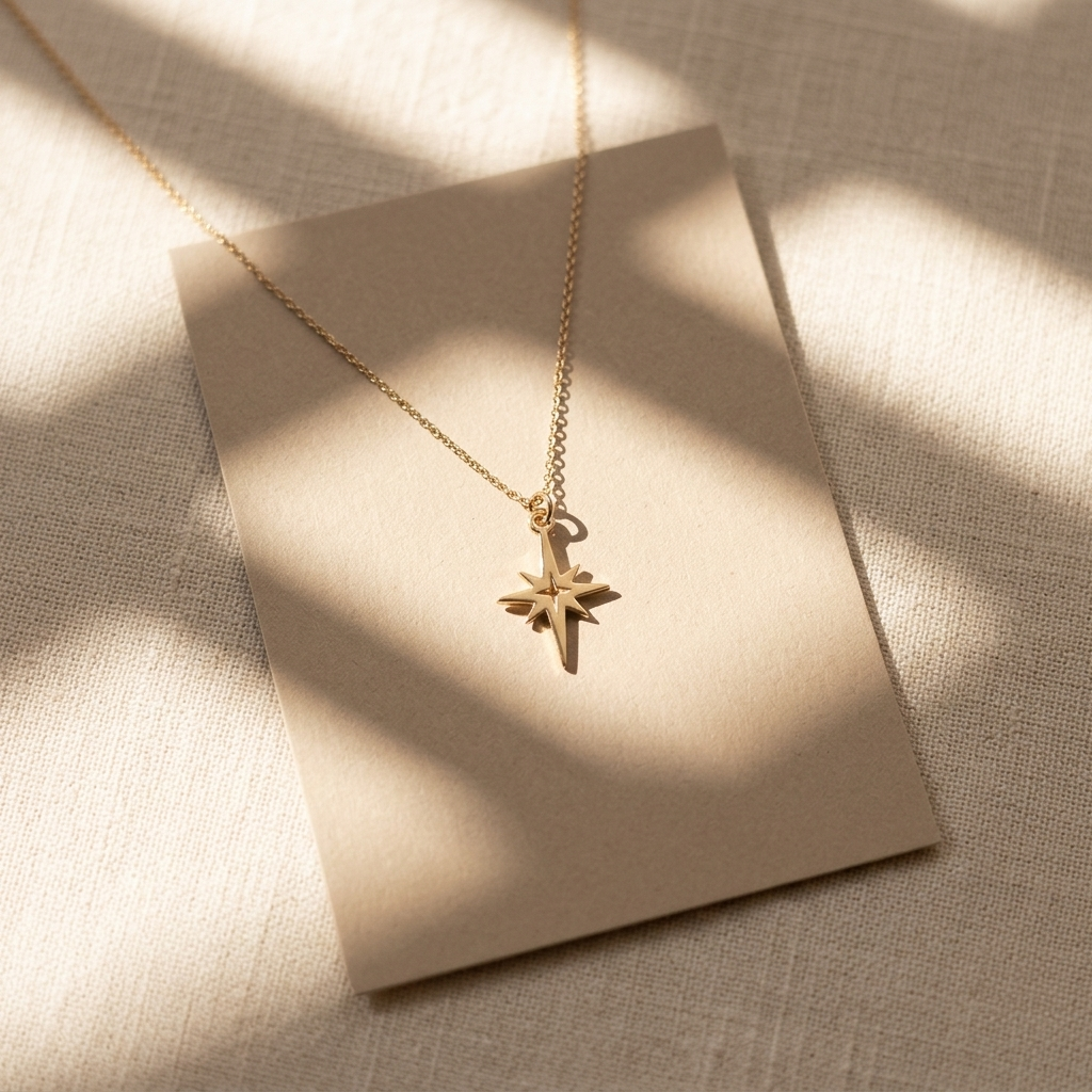 14K yellow gold north star necklace, design detail
