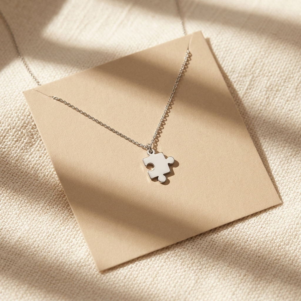 14K solid gold puzzle piece necklace, styled product view