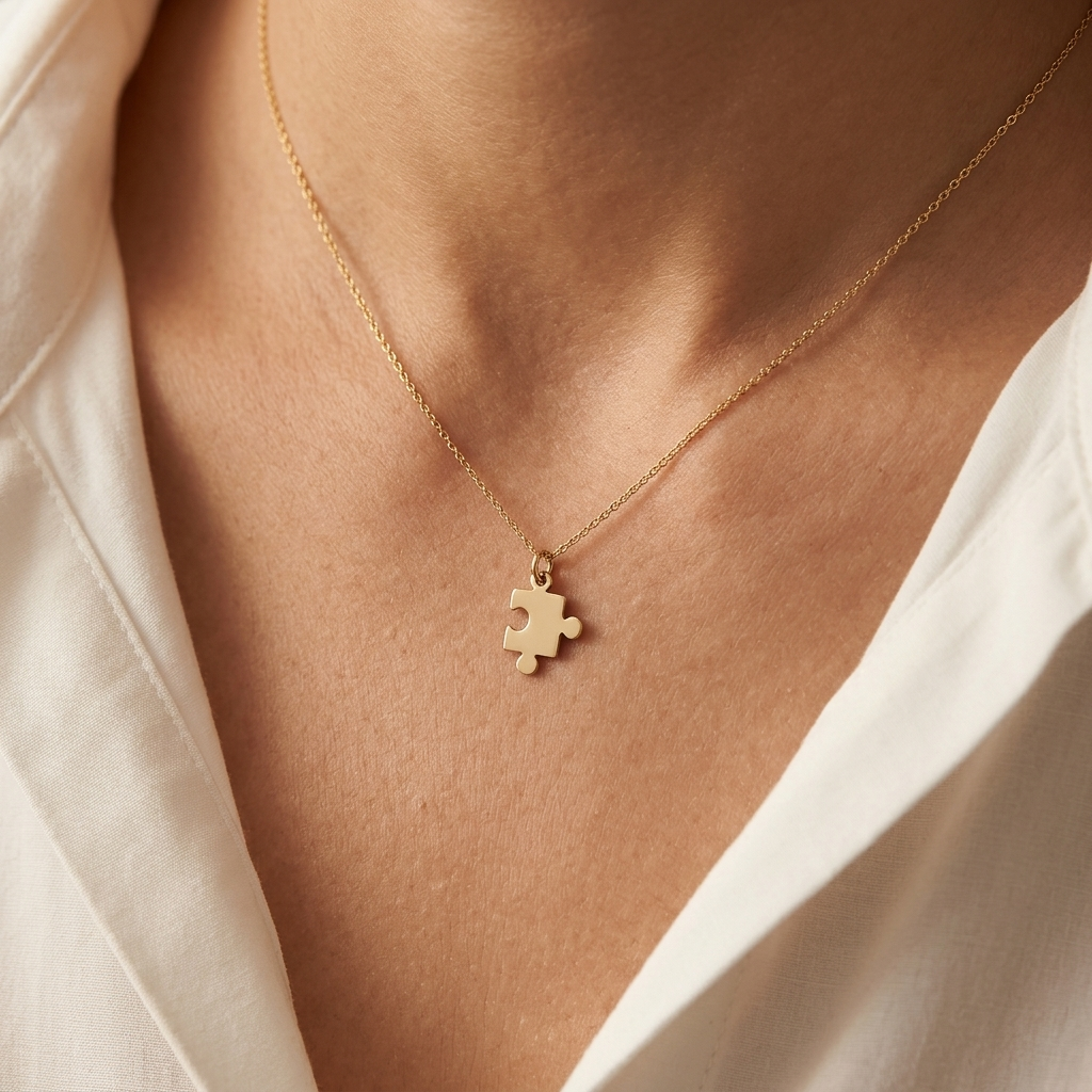 14K solid gold puzzle piece necklace, product view
