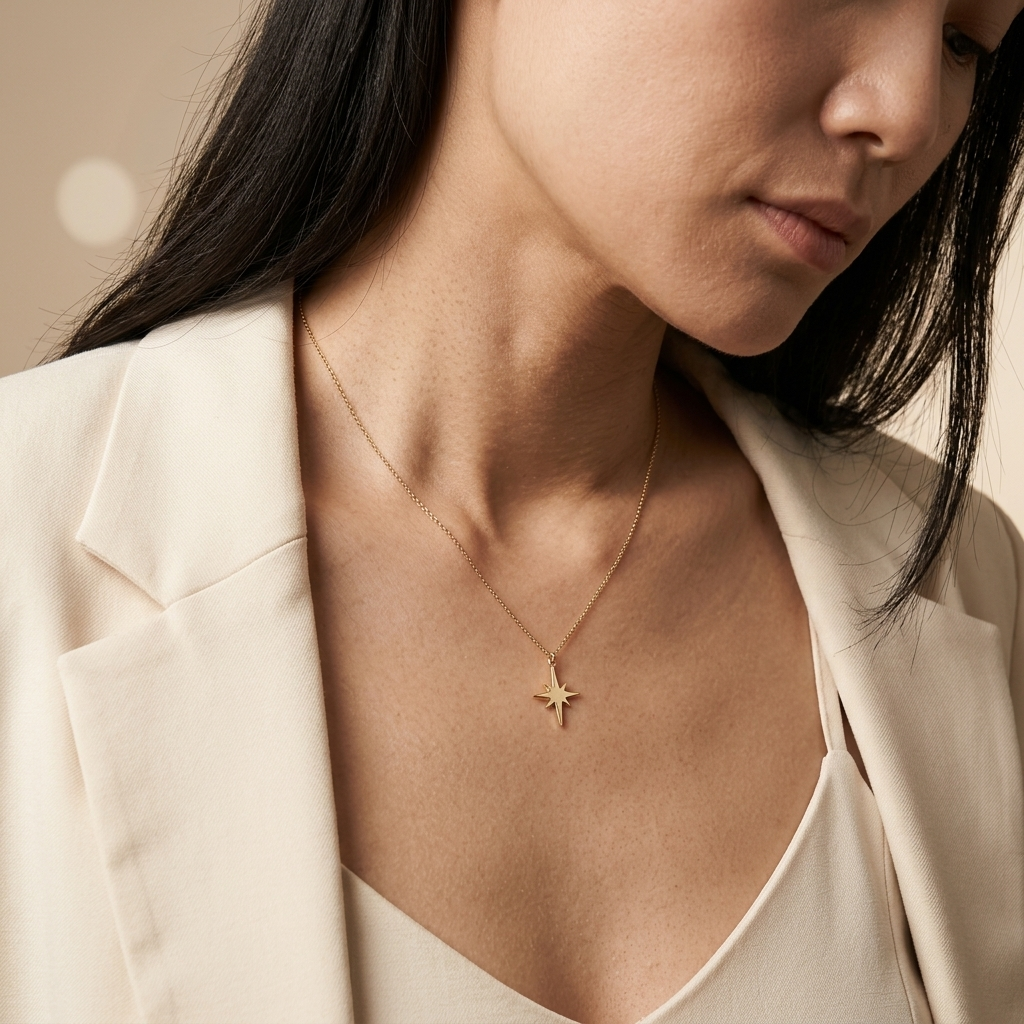 14K solid gold north star pendant necklace, additional view