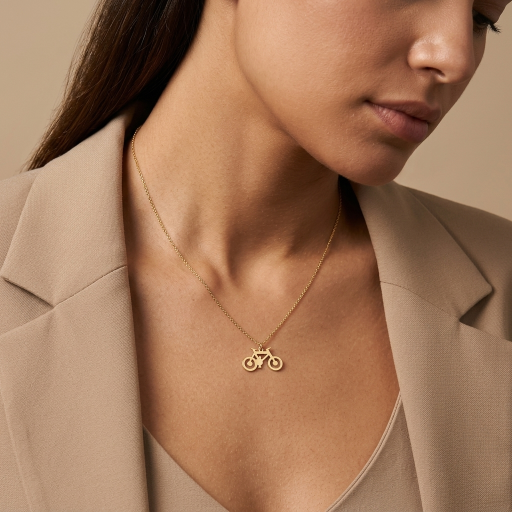 14K solid gold bicycle necklace, additional view