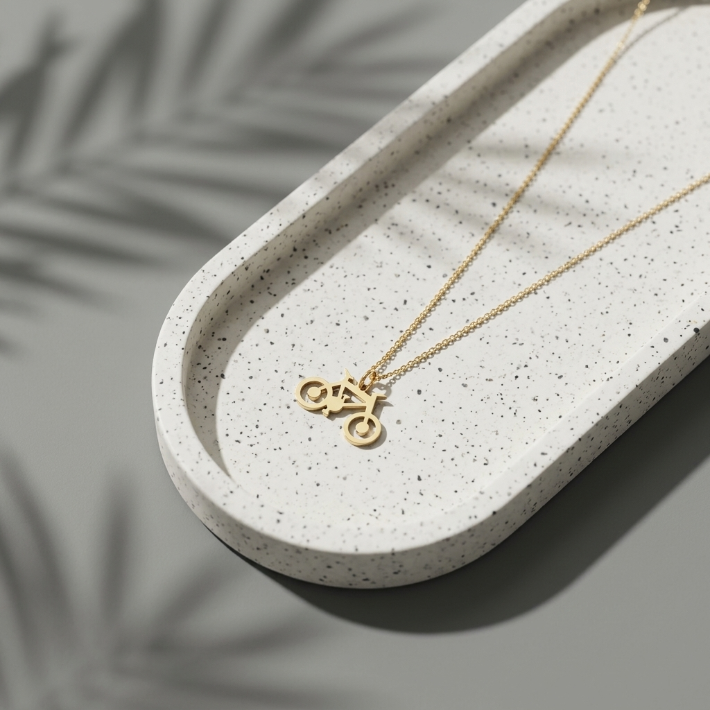 14K solid gold bicycle necklace, design detail