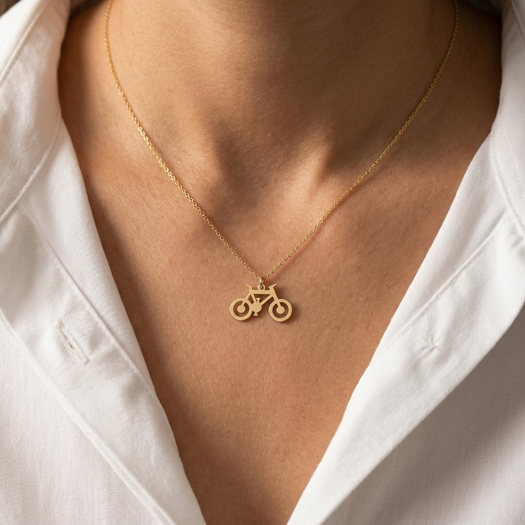 14K solid gold bicycle necklace, product view