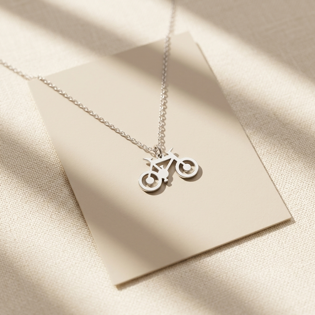 14K solid gold bicycle necklace, styled product view