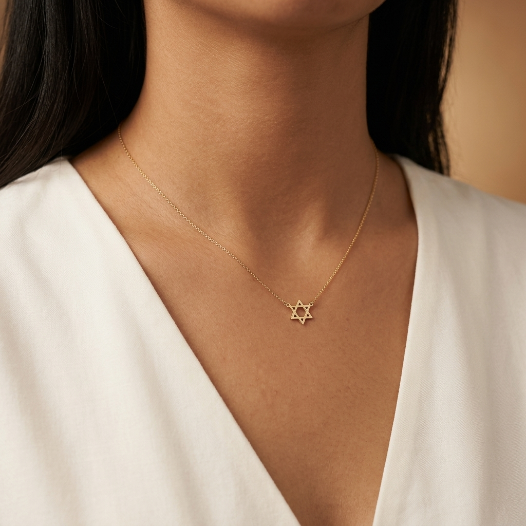 14K solid gold minimalist star of david necklace, product view