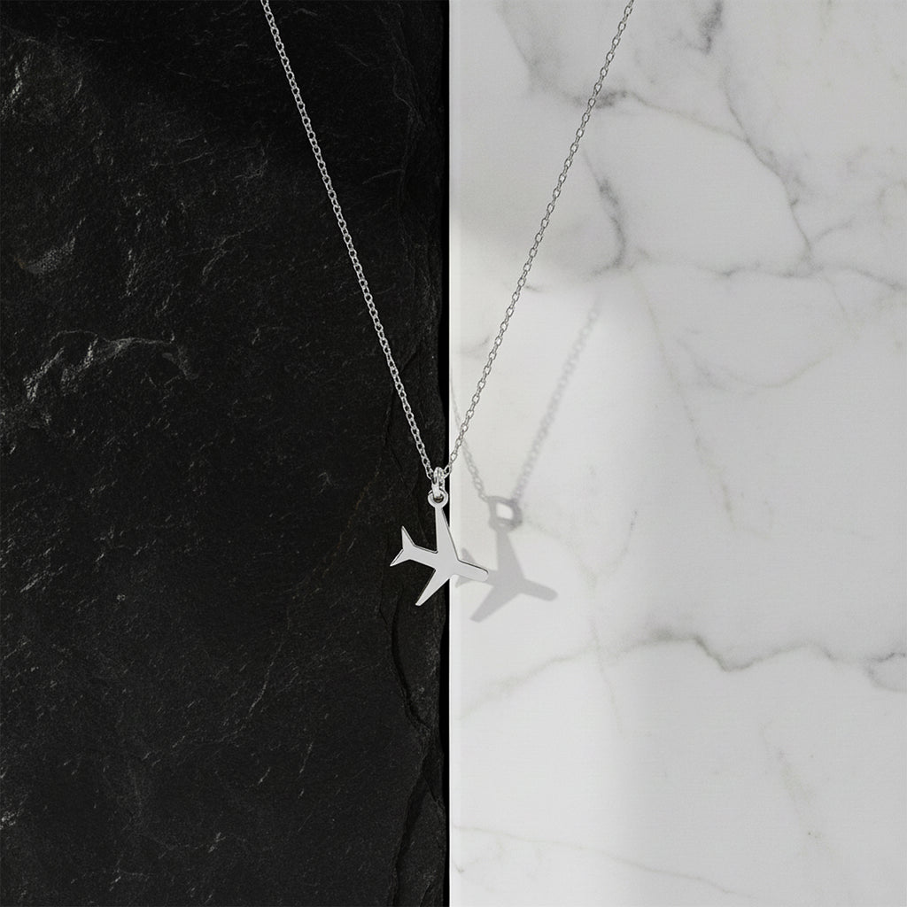 14K white gold airplane traveler necklace, styled product view