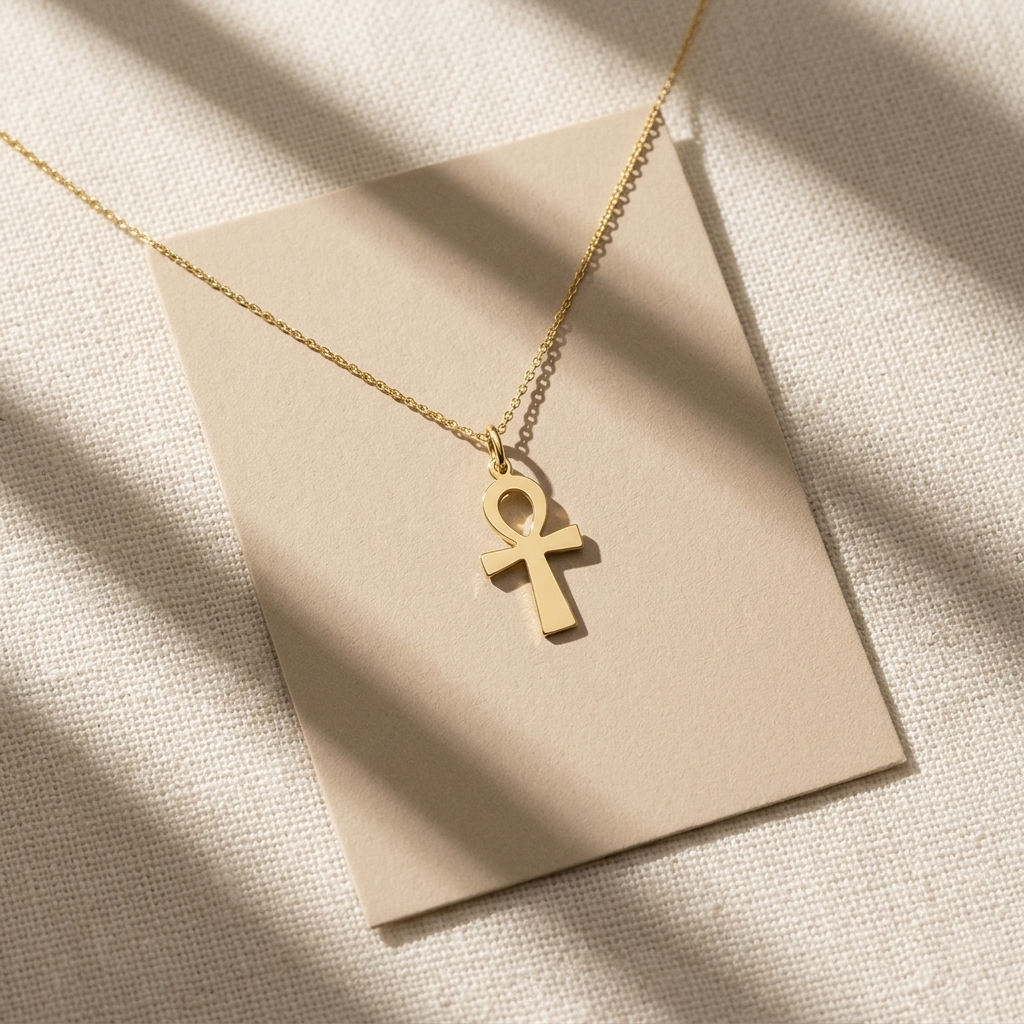 Close-up of 14K solid gold ankh necklace