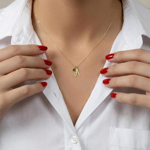14K Solid Gold Birthstone Initial Necklace - Personalized Charm