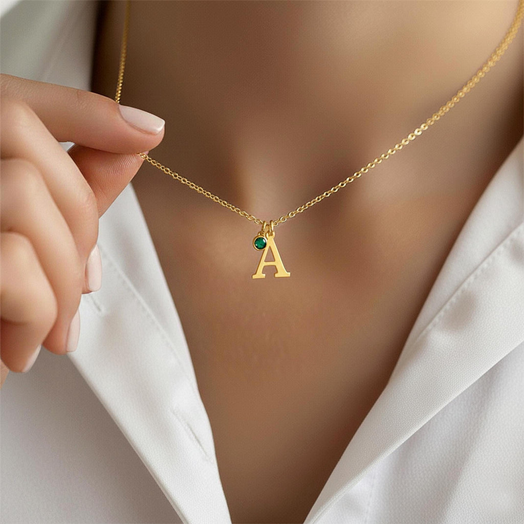 14K Solid Gold Initial Necklace - Personalized Birthstone Charm