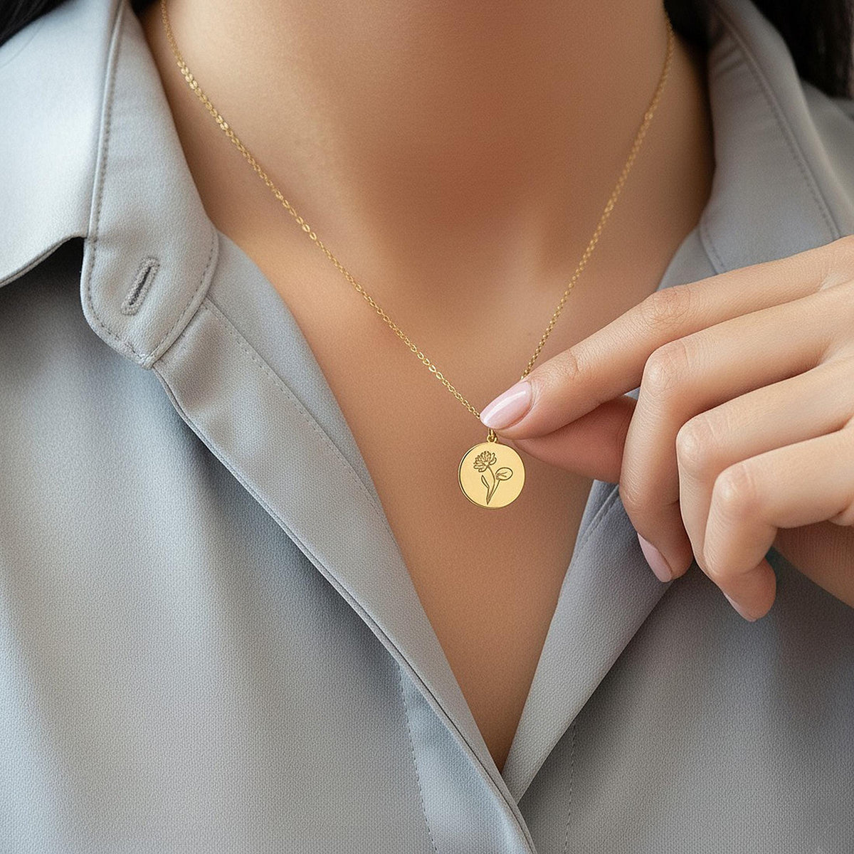 14K Solid Gold Personalized Birth Flower Necklace