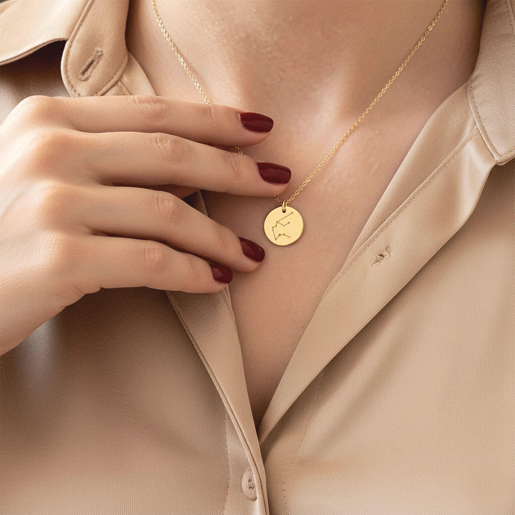 14K Solid Gold Zodiac Constellation Disc Necklace
