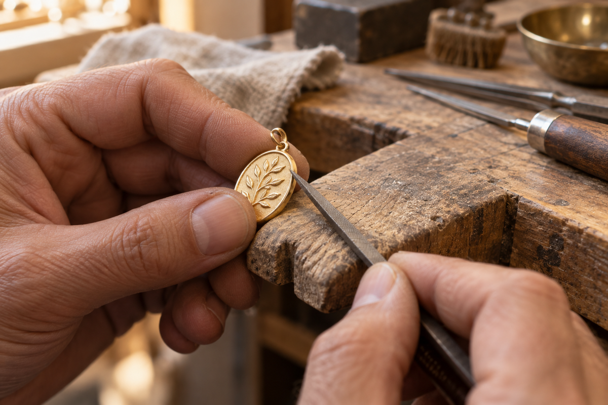 AI-generated illustration of hand-finishing a yellow gold pendant with a needle file.