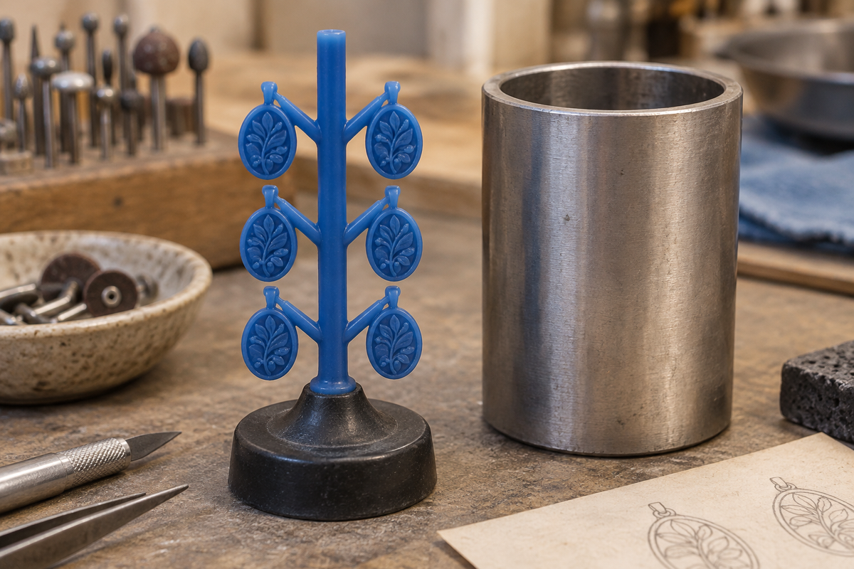 AI-generated illustration of a wax pendant casting tree beside a casting flask.