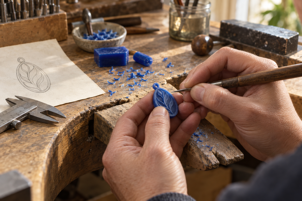 AI-generated illustration of carving a wax pendant model at a jeweller’s bench.