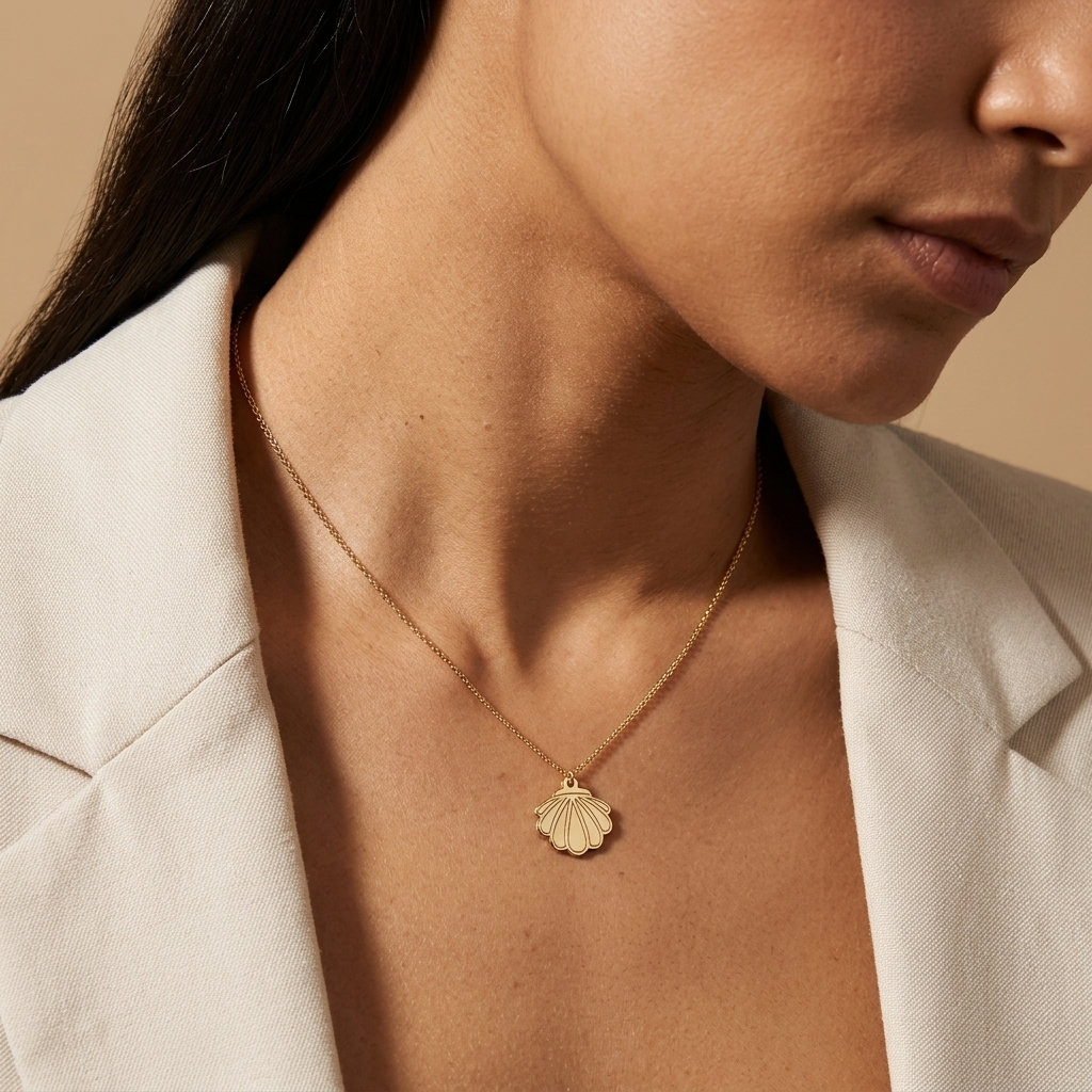 14K solid gold sea shell pendant necklace, additional view