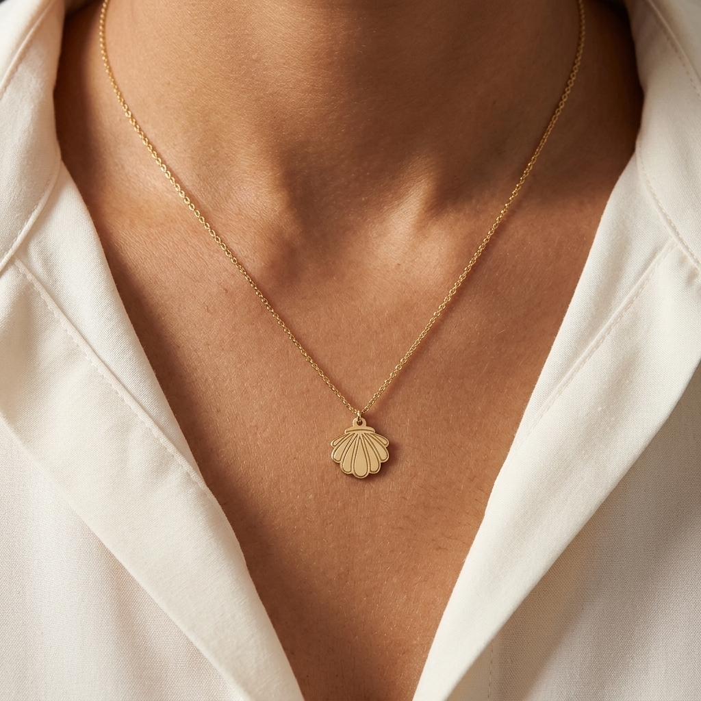 14K solid gold sea shell pendant necklace, product view