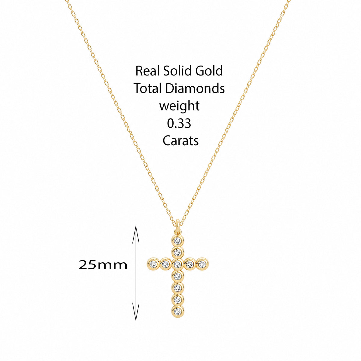 14K solid gold diamond cross necklace with pendant size and measurements
