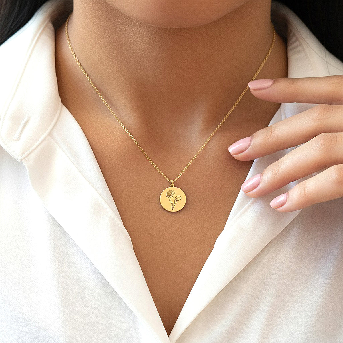 14K solid gold personalized birth flower necklace, worn at the neckline