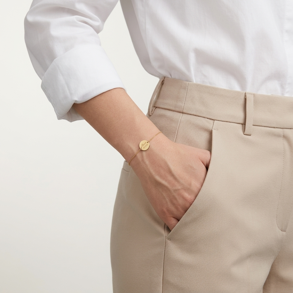 14K solid gold handwriting disc bracelet, additional view