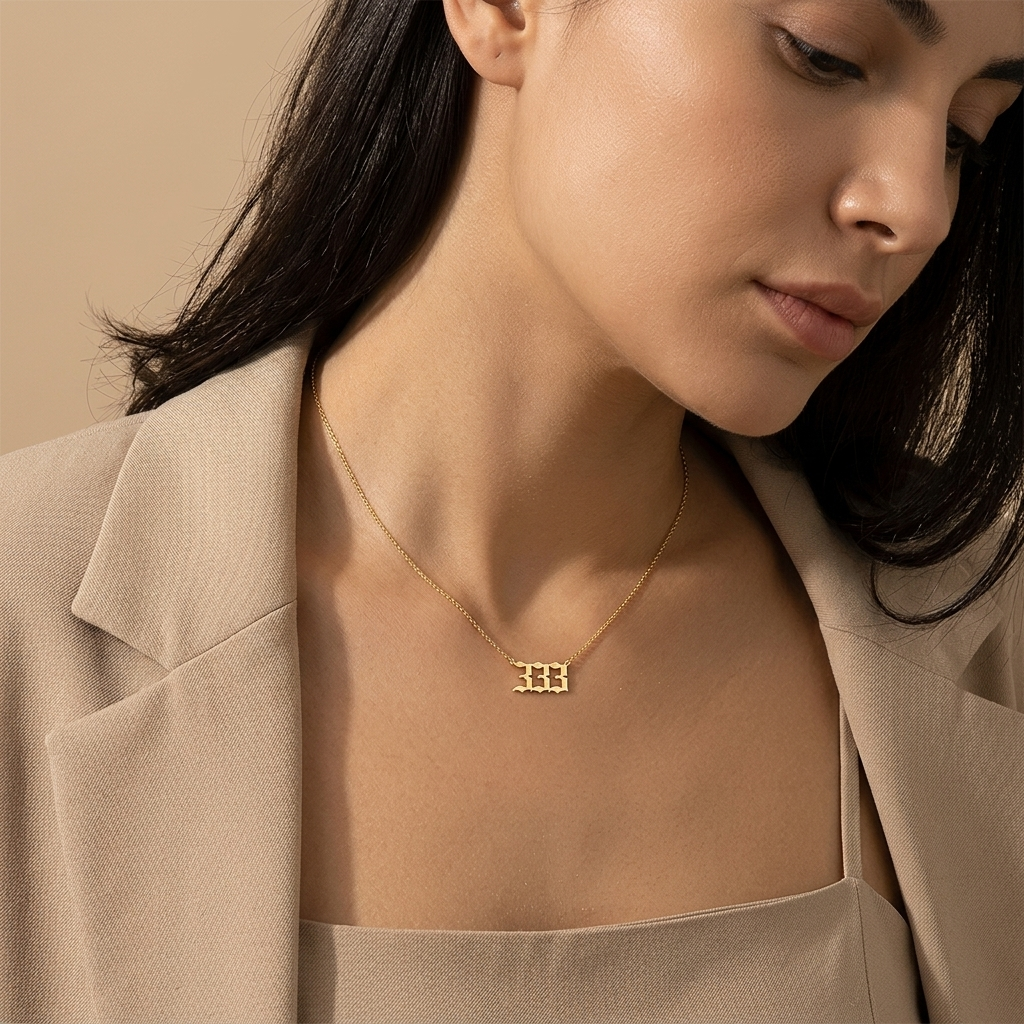 14K solid gold angel number necklace, additional view