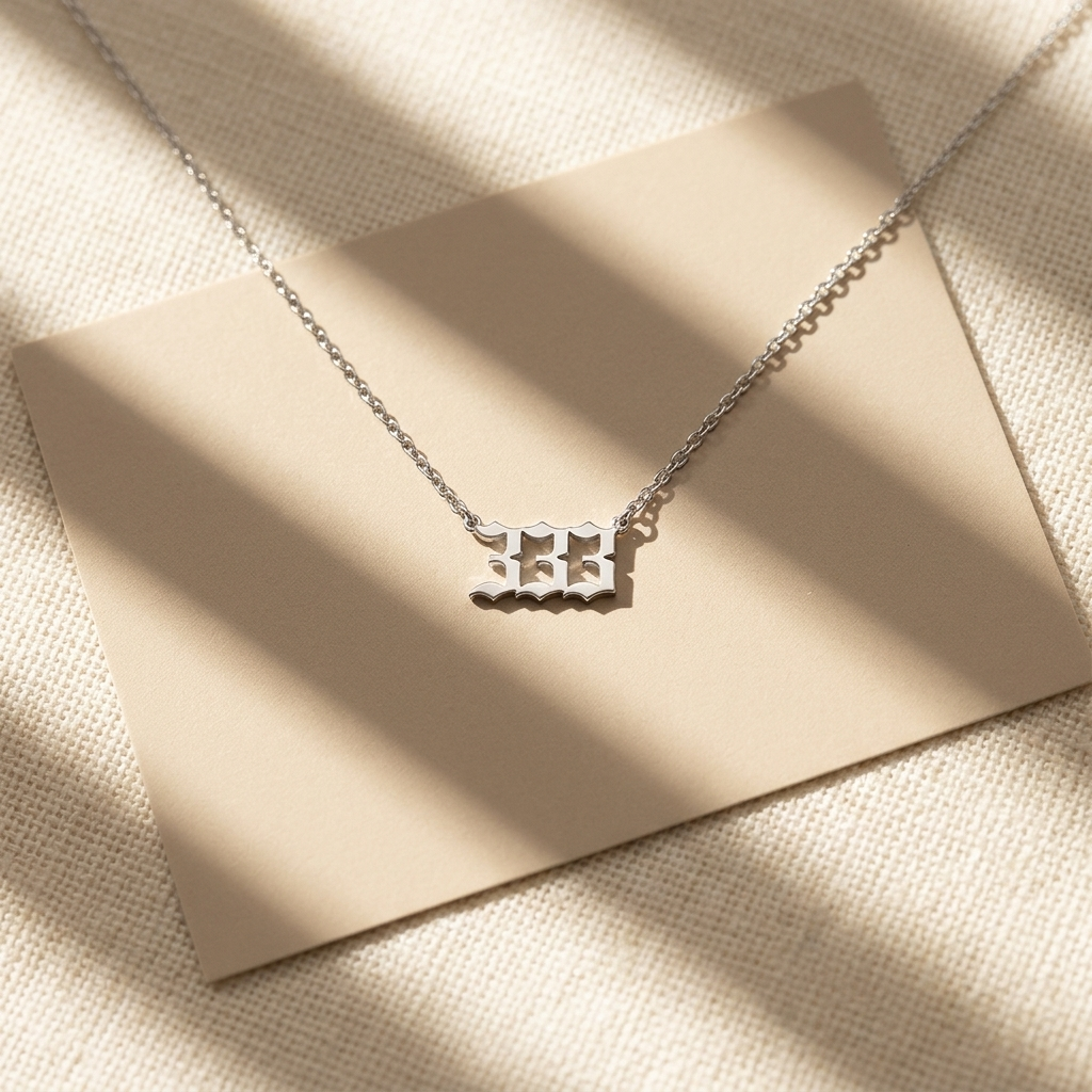 14K solid gold angel number necklace, styled product view