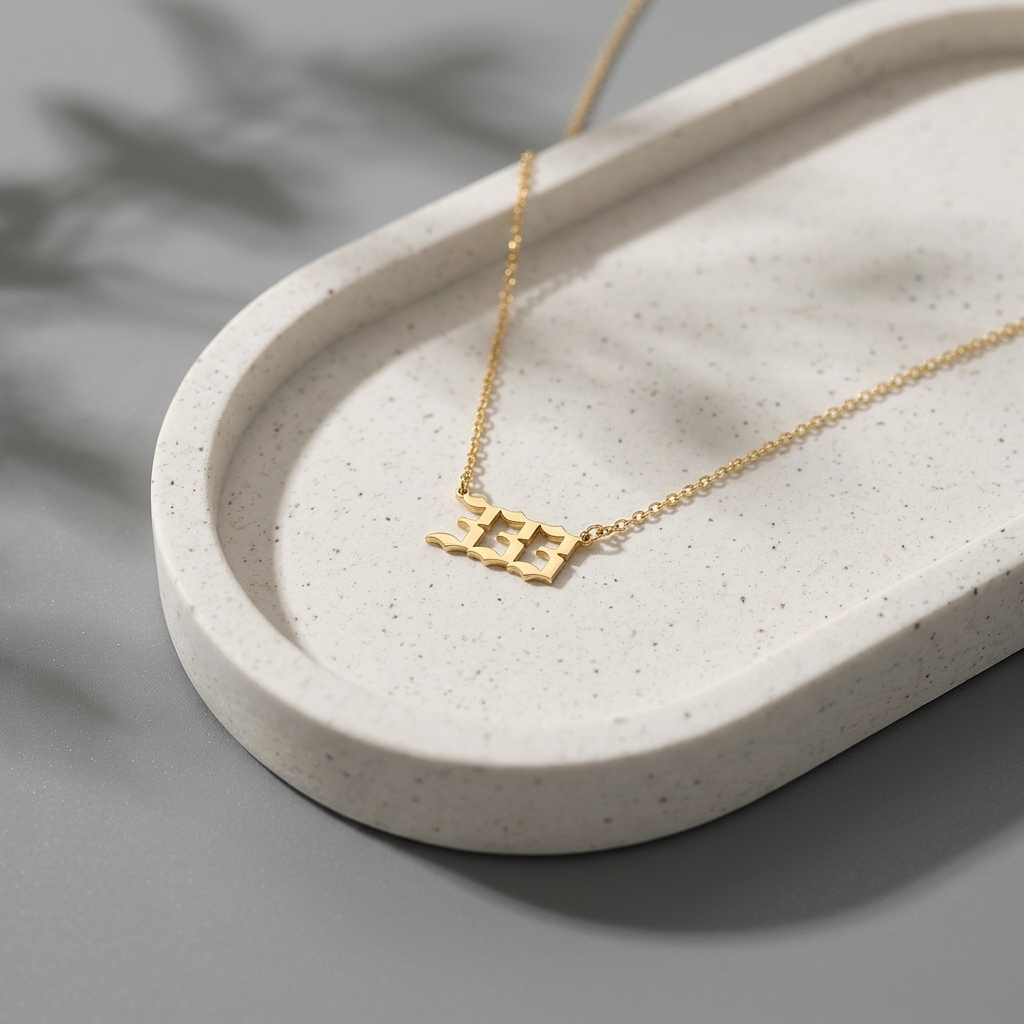 14K solid gold angel number necklace, design detail