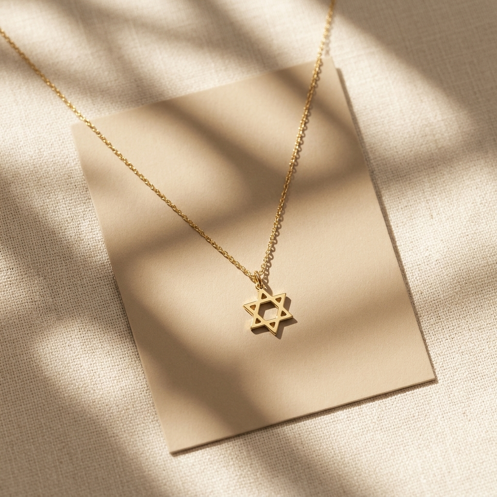 14K solid gold star of david necklace, design detail
