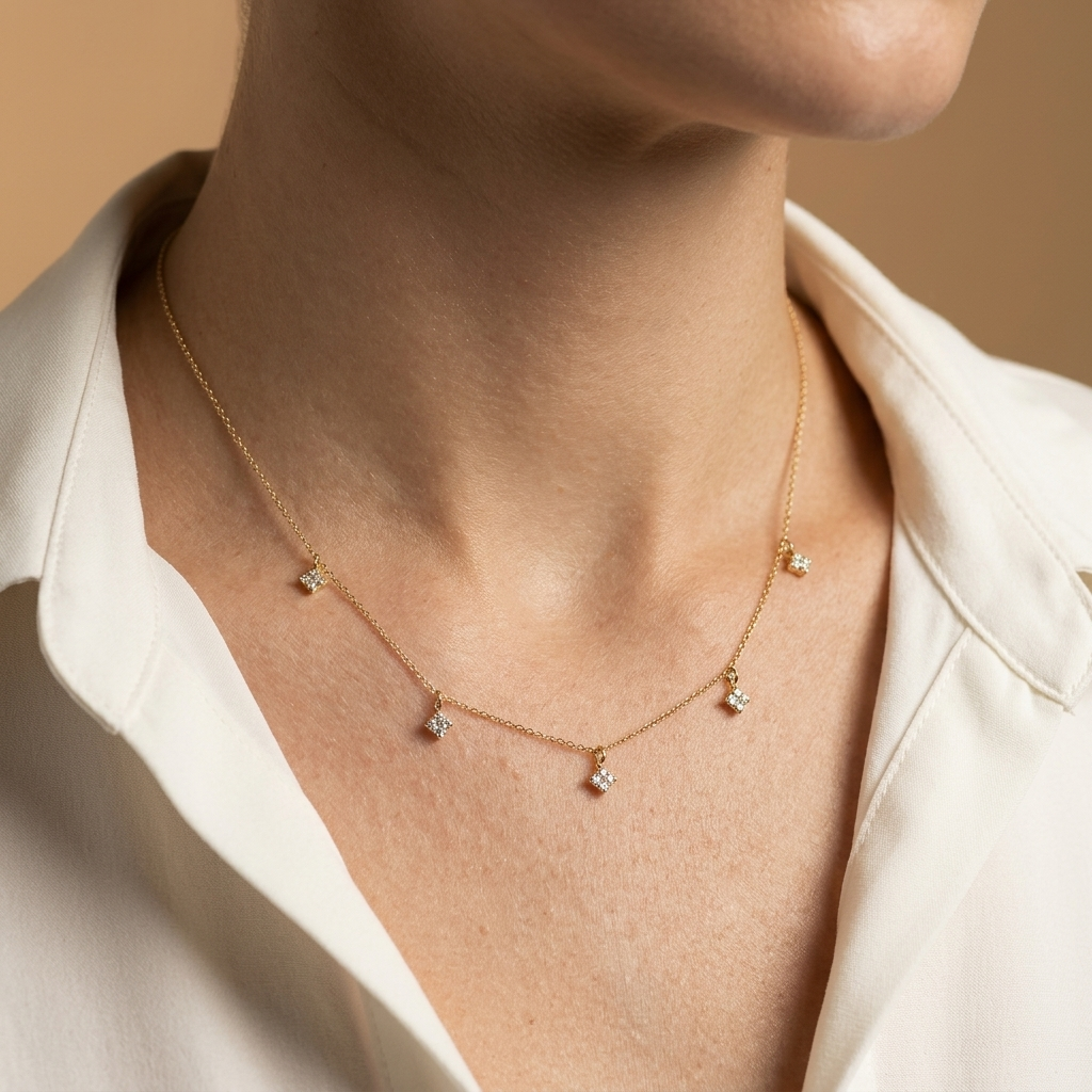 14K solid gold multi-clover lab-grown diamond necklace, product view