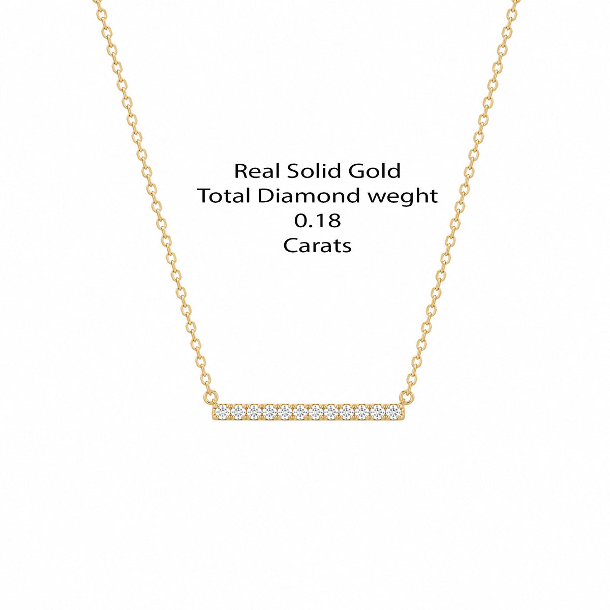 14K solid gold lab-grown diamond bar necklace with pendant size and measurements