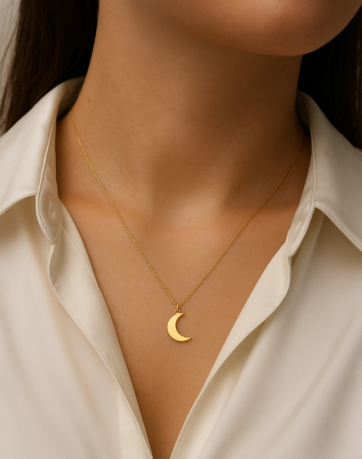 14K solid gold dainty crescent moon necklace, worn at the neckline