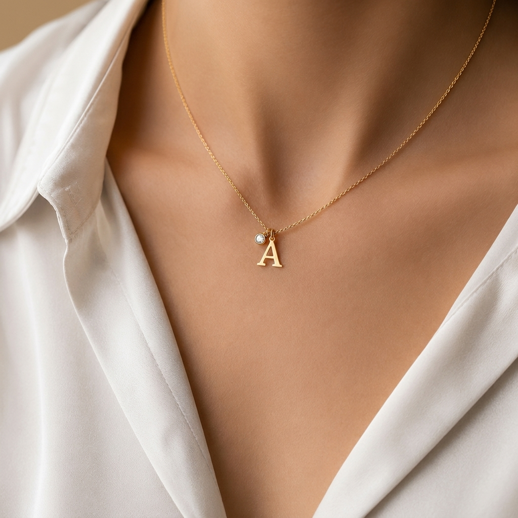 14K yellow gold diamond initial necklace, worn at the neckline